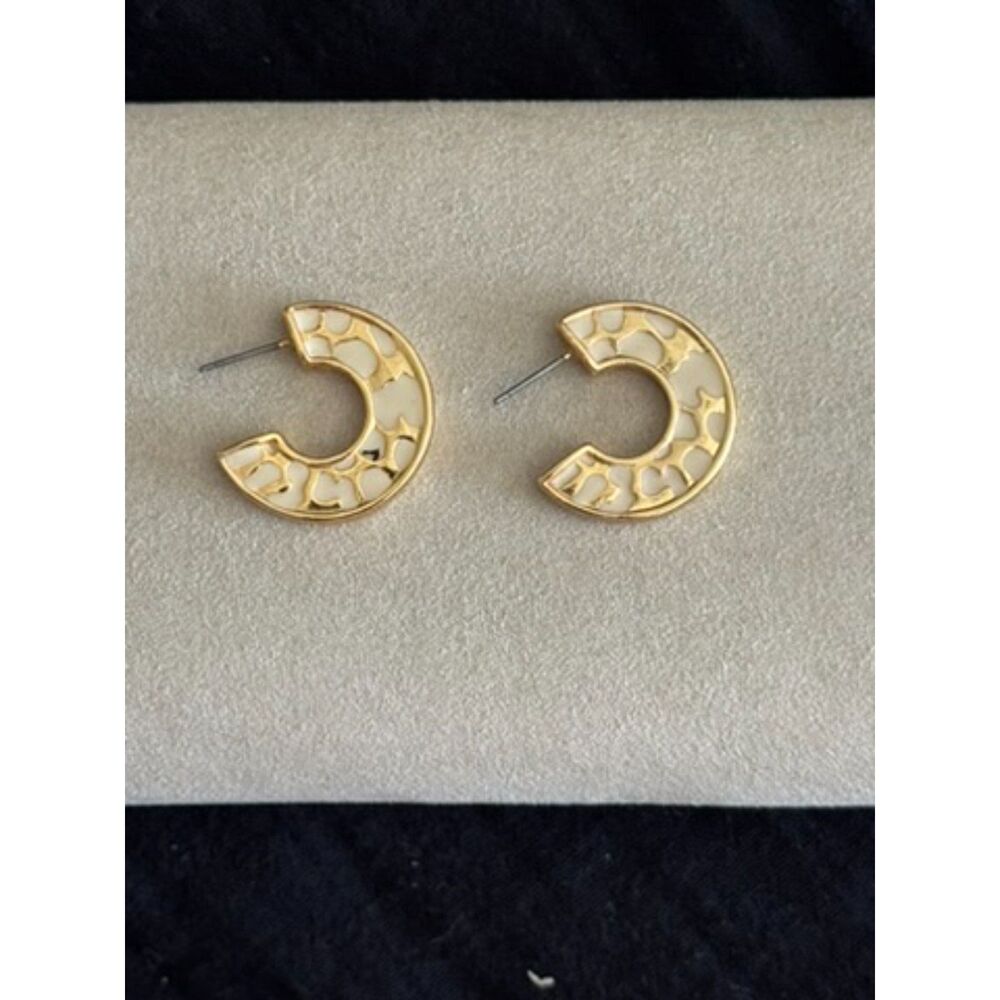 Gold Tone Hoop with Cream Print Earrings Petite Classic